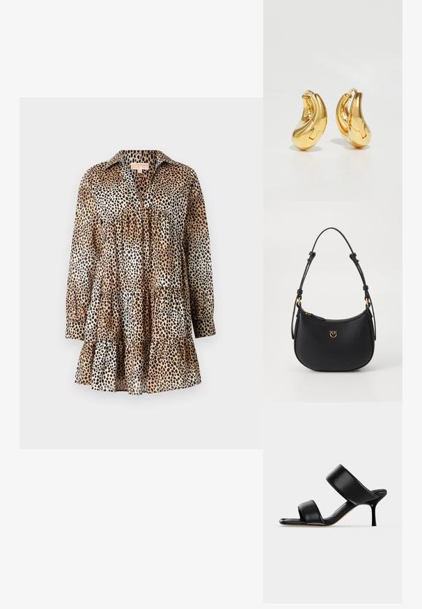 Leopardprint jurk gemaakt van lichtgewicht stof. Beschikt over een kraag, lange mouwen en een gelaagde ruches onderrand. Kleuren: beige, zwart, bruin.; Zwarte leren mule sandaal met twee brede banden en een slanke, middelhoog stilettohak op een effen lichte achtergrond.; Zwarte leren schoudertas met een gebogen vorm, gouden hardware en een ritssluiting. Heeft een decoratief logo aan de voorkant.; Gouden oorringen met een gladde, gebogen vorm en gepolijste afwerking. Bevat een sluitmechanisme en lichte inkepingen voor detail.