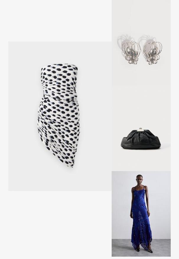 Strapless kjole med hvid bund og sorte samt marineblå polka dot mønstre, rynket design og asymmetrisk kant for en tætsiddende silhuet.; Blå og lilla dyreprint maxi kjole med tynde stropper, en tætsiddende bodice, flagrende kant og gennemsigtig overlay-detaljering.; Sort læderclutch med en samlet tekstur, metal lukning og diskret præget logo på forsiden. Rundet form.; Par sølvøreringe i metal med åbent trådburdesign og glatte, centrale ovale former, der kaster buede skygger på en hvid baggrund.