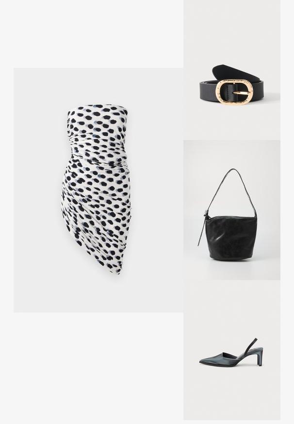 Strapless kjole med hvid bund og sorte samt marineblå polka dot mønstre, rynket design og asymmetrisk kant for en tætsiddende silhuet.; Sort slingback-hæl med spids tå, slank satinfinish og en slank hæl på 3 tommer. Åben sidedesign med minimal syningsdetalje.; Sort læder skuldertaske med en glat overflade, lynlåslukning og et langt, afrundet håndtag. Tasken har en afslappet, ustruktureret form.; Sort læderbælte rullet sammen med en stor tekstureret oval guldfarvet spænde mod en hvid baggrund.