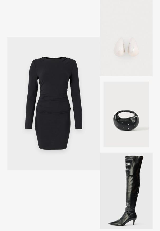 Robe noire à manches longues en tissu extensible, présentant une silhouette ajustée, un ruché sur le côté et une petite fermeture à ouverture en forme de clé au dos.; Bottes en cuir noir montantes, avec une finition brillante, un bout pointu et un talon aiguille mince. Présentent un haut ajusté avec des détails de couture.; Sac à main en cuir noir de forme arrondie, décoré de clous argentés et équipé d'une poignée courte. Texture lisse et fermeture éclair.; Boucles d'oreilles en métal argenté en forme de goutte, avec une surface lisse et réfléchissante, présentant un design sans couture et sans embellissements visibles.