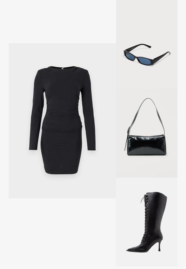 Robe noire à manches longues en tissu extensible, présentant une silhouette ajustée, un ruché sur le côté et une petite fermeture à ouverture en forme de clé au dos.; Botte haute en cuir noir à lacets avec bout pointu et talon haut et fin sur un fond clair uni.; Lunettes de soleil noires avec une monture rectangulaire élégante et des verres bleus. Présente une texture lisse et des branches robustes. Logo de la marque sur le côté.; Sac d'épaule rectangulaire noir avec une sangle réglable unique et une fermeture éclair supérieure sur un fond uni.
