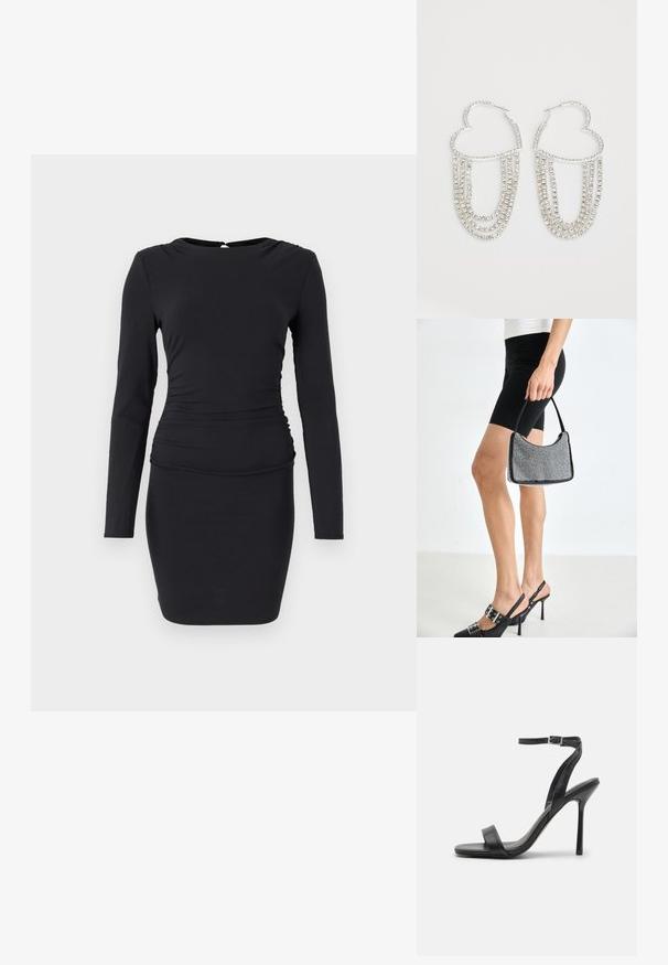 Robe noire à manches longues en tissu extensible, présentant une silhouette ajustée, un ruché sur le côté et une petite fermeture à ouverture en forme de clé au dos.; Sandale à talons hauts noire avec une fine sangle au niveau de la cheville et deux bandes à l'avant. Fabriquée en cuir lisse avec un bout pointu élégant et un talon aiguille.; Sac à main à perles noires avec une silhouette courbée, une poignée de transport et une texture brillante. Porté avec des chaussures à talons hauts noires et un short noir ajusté.; Boucles d'oreilles en argent en forme de cœur, ornées de fils tombants de strass transparents pour plus d'éclat et de texture.