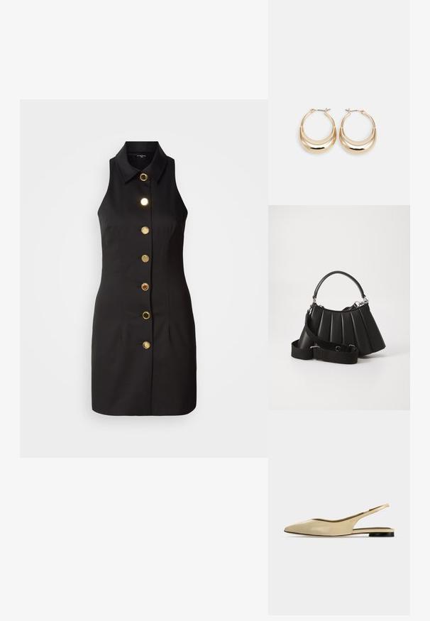 Schwarzes ärmelloses Kleid mit durchgehender Knopfleiste, großen goldenen Knöpfen und klassischem Kragen, gefertigt aus glattem Stoff.; Beiger Slingback-Ballerina mit spitzer Kappe, niedrigem schwarzem Absatz und glattem Lederfinish, seitlich auf einfarbigem Hintergrund gezeigt.; Schwarze, gefaltete Handtasche mit einem runden Griff, verstellbarem Schulterriemen und glänzender Textur. Verfügt über silberne Hardware und eine strukturierte Silhouette.; Goldfarbene Creolen mit einer Halbmondform, polierter Oberfläche und Scharnierverschluss. Die glatte Textur und der reflektierende Finish verbessern die Sichtbarkeit.
