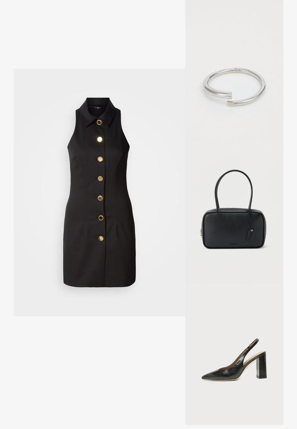 Musthave mustraamvaba must kleit, millel on nööpidega esiosa, suurte kuldsete nööpidega ja klassikalise kraega, valmistatud siledast kangast.; Mustast nahast terava varbaga slingback-kinga kõrge plokk-kontsaga ja beežsisemise voodriga tavalise heledal taustal.; Must ristkülikukujuline käekott, millel on kaks ümardatud sangad, kuldne tõmblukk ja esiküljel reljeefne "HUGO" logo koos kinnitatud nahkmärgiga.; Calvin Klein SPIRAL - Käevõru - silver-coloured