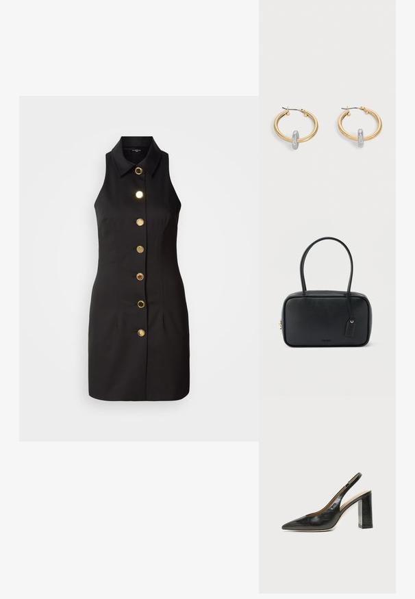 Zwarte mouwloze jurk met een knopenlijst aan de voorkant, voorzien van grote gouden knopen en een klassieke kraag, gemaakt van gladde stof.; Zwarte leren slingback schoen met spits toelopend neusje, hoge blokhak en beige binnenvoering tegen een effen lichte achtergrond.; Zwarte rechthoekige handtas met dubbele afgeronde handvaten, gouden ritssluiting en geperst "HUGO" logo aan de voorkant met een aangehecht lederen label.; Paar goudkleurige creolen met kleine zilverkleurige lusdetail op elk, weergegeven tegen een lichtgrijze achtergrond.