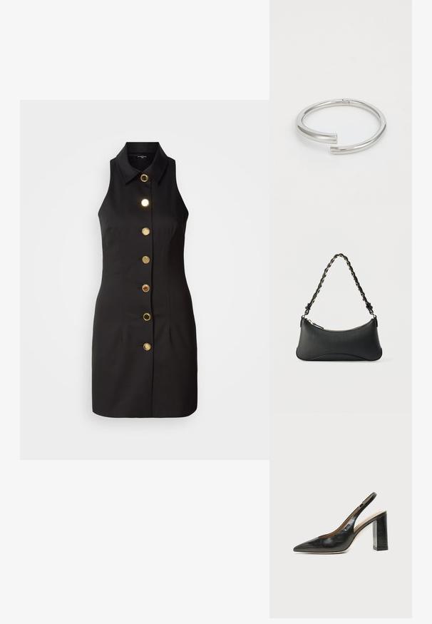 Sort ærmeløs kjole med knaplukning foran, der har store guldknapper og en klassisk krave, lavet af glat stof.; Sort læder peep-toe slingback sko med høj blokhæl og beige indvendig foring mod en ensfarvet lys baggrund.; Sort skuldertaske i læder med en buet rektangulær form, gyldent kæde vævet ind i en flettet sort rem og toplynlås.; Calvin Klein SPIRAL - Armbånd - silver-coloured