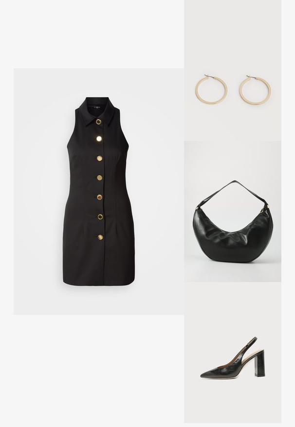 Musthave mustraamvaba must kleit, millel on nööpidega esiosa, suurte kuldsete nööpidega ja klassikalise kraega, valmistatud siledast kangast.; Mustast nahast terava varbaga slingback-kinga kõrge plokk-kontsaga ja beežsisemise voodriga tavalise heledal taustal.; Mustast nahast õla kott, millel on kõver kuju, pehme tekstuur ja üks rihm; sisaldab kuldset tõmblukku ja peent brändimist.; Paari keskmise suurusega siledad kuldsed kõrvarõngad hingedega kinnitusdetailiga, taustaks lihtne hele pind.
