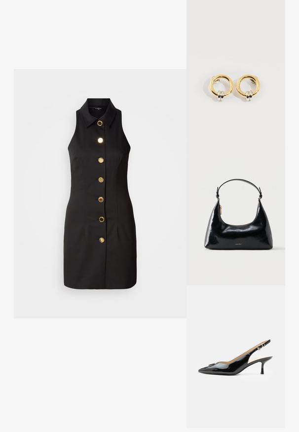 Musthave mustraamvaba must kleit, millel on nööpidega esiosa, suurte kuldsete nööpidega ja klassikalise kraega, valmistatud siledast kangast.; Mustast lakknahast slingback-kontsaga king, terava ninaga, väikese kitten-kontsa ja hõbedase pandlaga rihmaga, ühevärvilise valge taustaga.; Musta läikiv Calvin Kleini käekott kuldse luku ja lühikese rihmaga valgel taustal.; Kuldsetest ümmargustest kõrvarõngastest, millel on kaks väikesest hõbedast rõngast, näidates õrnu graveeritud brändi nime detaile, valgel taustal.