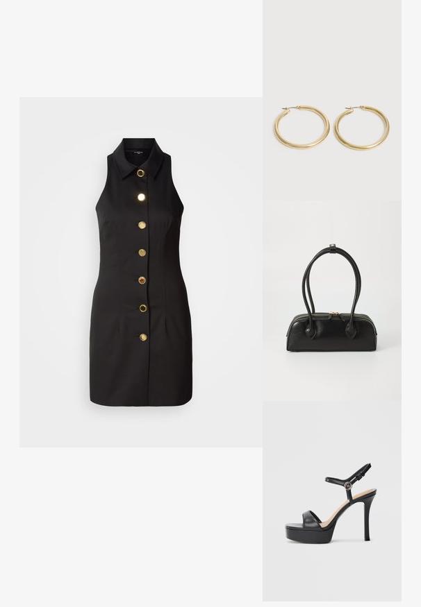 Schwarzes ärmelloses Kleid mit durchgehender Knopfleiste, großen goldenen Knöpfen und klassischem Kragen, gefertigt aus glattem Stoff.; Schwarze Plateausandalen mit hohem Stiletto-Absatz, ausgestattet mit einem glatten Lederobermaterial, einem Peeptoe-Design und einem verstellbaren Knöchelriemen mit Metallbeschlägen.; Schwarze Lederhandtasche mit zwei verlängerten Griffen, Reißverschluss und runder Form; glatte Textur mit subtiler glänzender Oberfläche.; Paar glatter, glänzender goldener Creolen mit dünnen Stegen und Klappverschlüssen auf schlichtem hellem Hintergrund.