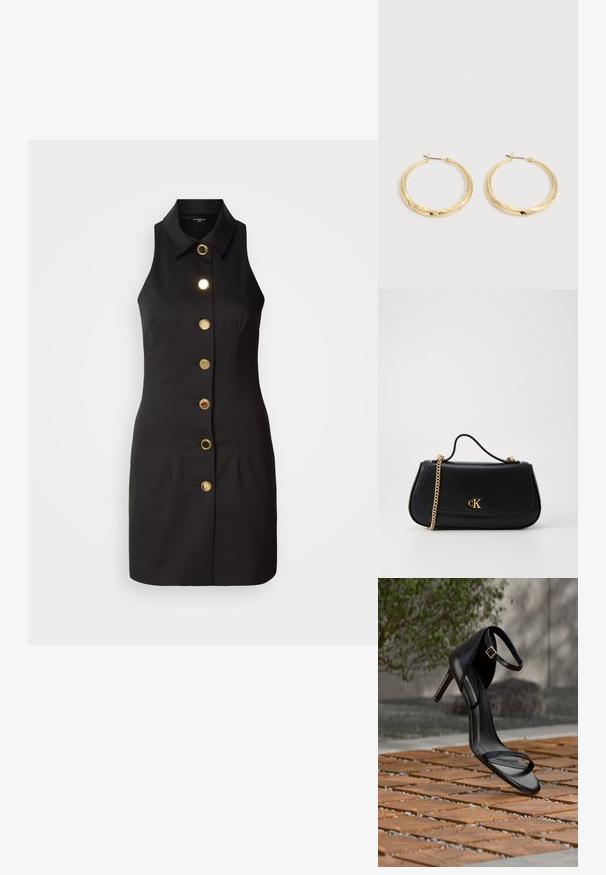 Schwarzes ärmelloses Kleid mit durchgehender Knopfleiste, großen goldenen Knöpfen und klassischem Kragen, gefertigt aus glattem Stoff.; Schwarze Sandalette mit hohem Absatz und Knöchelriemen schwebt über einem Holzboden im Freien vor verschwommenem Grün und Steinhintergrund.; Schwarze Lederhandtasche mit einer goldenen Kettenriemen, einem oberen Griff und einem geprägten Logo. Glatte Textur und strukturiertes Design mit einer geschwungenen Form.; Paar polierte goldene Creolen mit dünnen Stegen und Klappverschlüssen, auf einem schlichten hellgrauen Hintergrund präsentiert.
