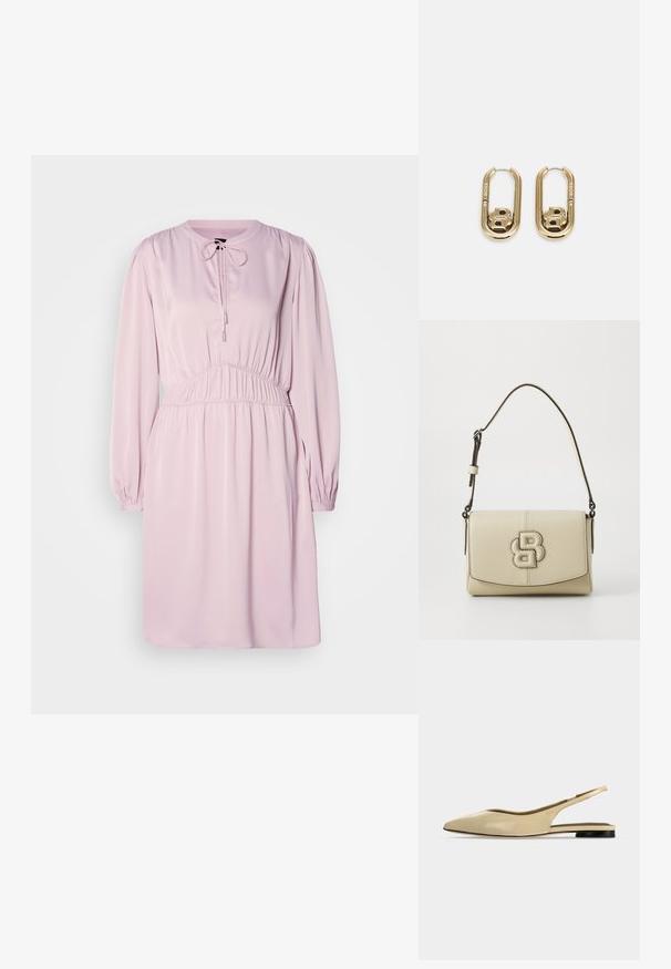 Vestido rosa de manga larga con cuello redondo, cierre de cordón, cintura fruncida y tejido suave. Presenta mangas abullonadas y un ajuste holgado.; Zapato plano beige con puntera puntiaguda, diseño slingback, tacón bajo negro y acabado en cuero liso, mostrado de perfil sobre un fondo liso.; Bolso de cuero color crema con un diseño estructurado, que presenta un logotipo en relieve prominente, un cierre de solapa y una correa ajustable.; BOSS DOUBLE B SWING - Pendientes - gold-coloured