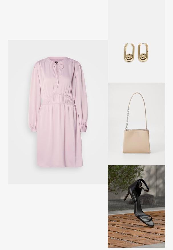 Vestido rosa de manga larga con cuello redondo, cierre de cordón, cintura fruncida y tejido suave. Presenta mangas abullonadas y un ajuste holgado.; Sandalia negra de tacón alto con correa en el tobillo, parece suspendida sobre un suelo de baldosas de madera al aire libre, con un fondo difuminado de vegetación y piedra.; Bolso de mano de piel beige con una textura suave, con un acento de cadena plateada en el asa y un cierre de cremallera. "HUGO" grabado en la parte frontal.; BOSS DOUBLE B SWING - Pendientes - gold-coloured