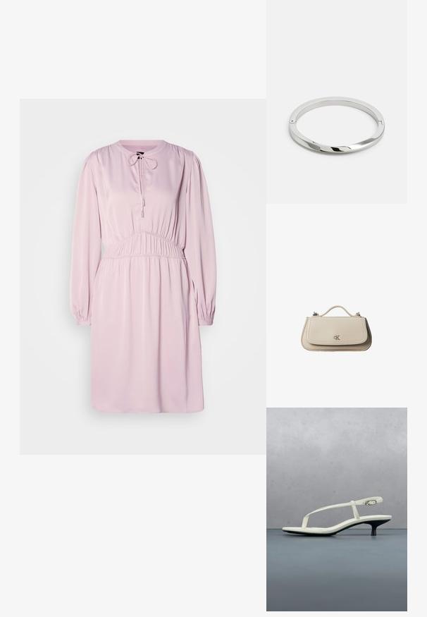 Vestido rosa de manga larga con cuello redondo, cierre de cordón, cintura fruncida y tejido suave. Presenta mangas abullonadas y un ajuste holgado.; Sandalia blanca de tacón kitten con tiras y punta afilada, flotando sobre un suelo de baldosas de madera al aire libre, con un fondo desenfocado de plantas y pared.; Pequeño bolso de mano de cuero beige con asa superior y logo plateado de CK en la solapa frontal, mostrado sobre un fondo blanco.; Pulsera de metal plateado con una superficie lisa y brillante y bordes planos. Presenta un diseño circular abierto con un sutil detalle de cierre.