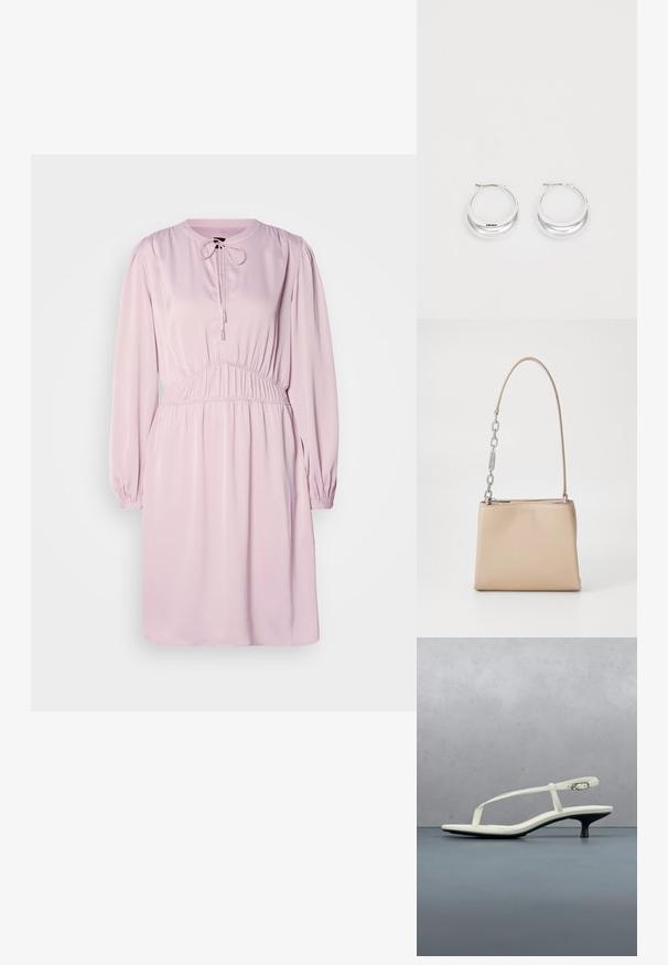 Roze jurk met lange mouwen, ronde hals, koordsluiting, geplooide taille en gladde stof. Heeft pofmouwen en een ontspannen pasvorm.; Witte sandaal met smalle bandjes en kitten heel, met een spitse neus, zwevend boven een houten tegelvloer buiten, met op de achtergrond een wazige plant en muur.; Beige leren handtas met een gladde textuur, voorzien van een zilveren kettingaccent op het handvat en een ritssluiting. "HUGO" is op de voorkant hotstempeld.; Zilveren creolen met een gepolijste afwerking en DKNY-branding, weergegeven tegen een effen witte achtergrond.