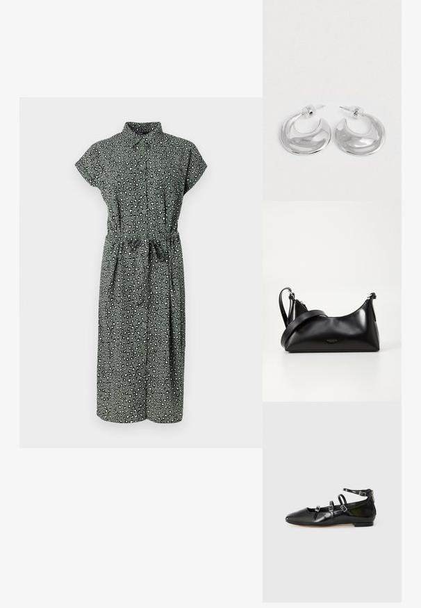 Robe verte à boutons avec motif léopard, manches courtes, ceinture à la taille et ourlet à mi-mollet. Fabriquée en tissu léger avec une texture douce.; ALDO NELTA - Ballerines - black; Sac à main en cuir noir avec une texture lisse. Dispose d'une bandoulière adjustable et d'un design élégant et minimaliste avec une fermeture éclair.; Une paire de boucles d'oreilles en croissant argenté poli avec des supports en plastique transparent sur une surface blanche.