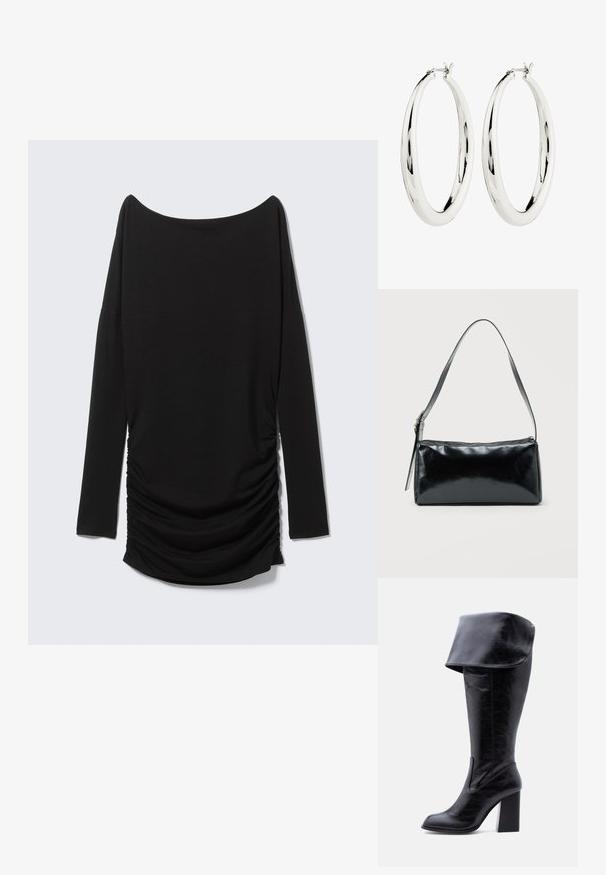Sort langærmet top med off-shoulder udskæring og detaljer med rynket side. Fremstillet af blødt stof og har en strømlinet silhuet.; Høj sort læderstøvle med hæl, foldet kant og rund tå, stående oprejst på en hvid baggrund.; Sort rektangulær skuldertaske med en enkelt justerbar rem og lynlås i toppen på en ensfarvet baggrund.; Sølv hoops øreringe med en glat, reflekterende overflade. Rund, stor form med en sikker lås øverst. Den polerede finish fremhæver glansen.