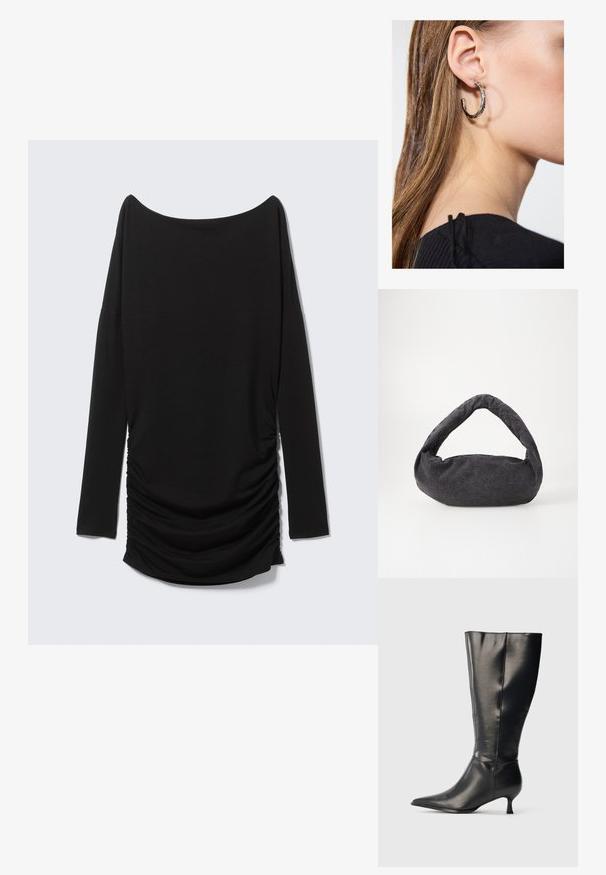 Sort langærmet top med off-shoulder udskæring og detaljer med rynket side. Fremstillet af blødt stof og har en strømlinet silhuet.; Sort knæhøj læderstøvle med spids tå og lav kittenhæl, vist på en enkel lys baggrund.; Mørkegrå stofpose med et buet håndtag, blød tekstur og rund form. Ingen synligt hardware eller pynt.; Sølv hoop ørestik med en poleret overflade, prydet med små guld accenter og en rund form, båret på øreflippen.