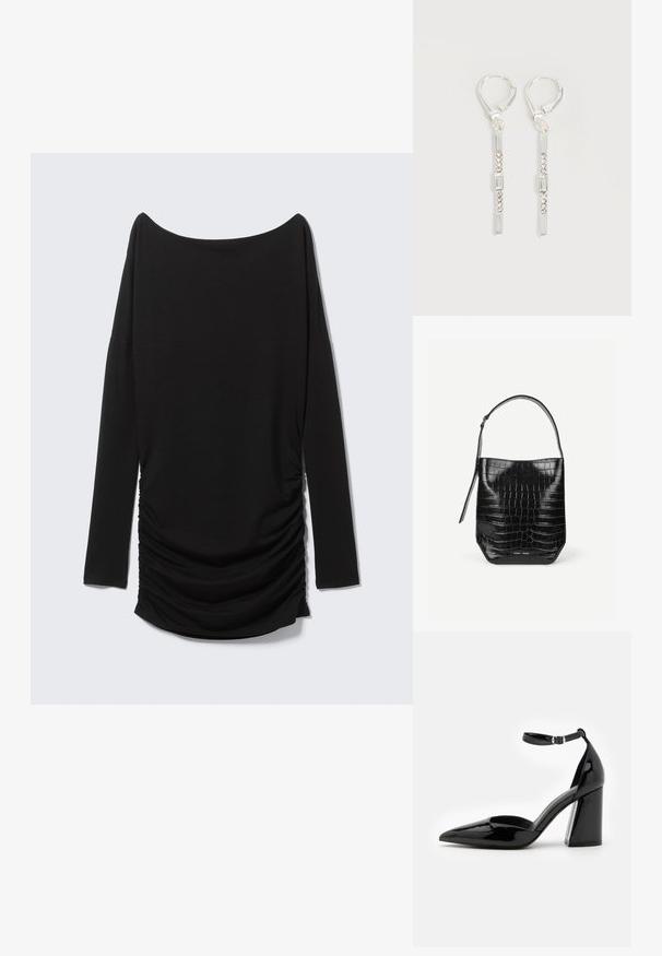 Sort langærmet top med off-shoulder udskæring og detaljer med rynket side. Fremstillet af blødt stof og har en strømlinet silhuet.; Sorte patenterede læder høje hæle med spids tå, ankelrem og bred blokhæle for stabilitet, med en glat og skinnende overflade.; Sort spandtaske i krokodillepræget læder med enkelt skulderrem og lille sølvfarvet mærkelogo foran nederst i midten.; Sølv hængende øreringe med rektangulære og runde klare krystaller i en lodret linje, fastgjort med låsebeslag.