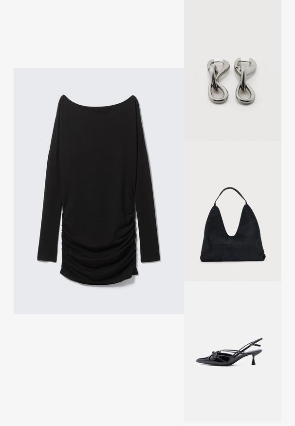 Sort langærmet top med off-shoulder udskæring og detaljer med rynket side. Fremstillet af blødt stof og har en strømlinet silhuet.; Sort laklæder slingback-pumpe med spids tå, lav kittenhæl og dekorativ knyttet sløjfedetalje foran.; Sort vævet læder skuldertaske med bred bund og enkelt håndtag mod en simpel lys baggrund.; Par af sølvtonede metale øreringe med abstrakt sammenflettet løbedesign på hvid baggrund.