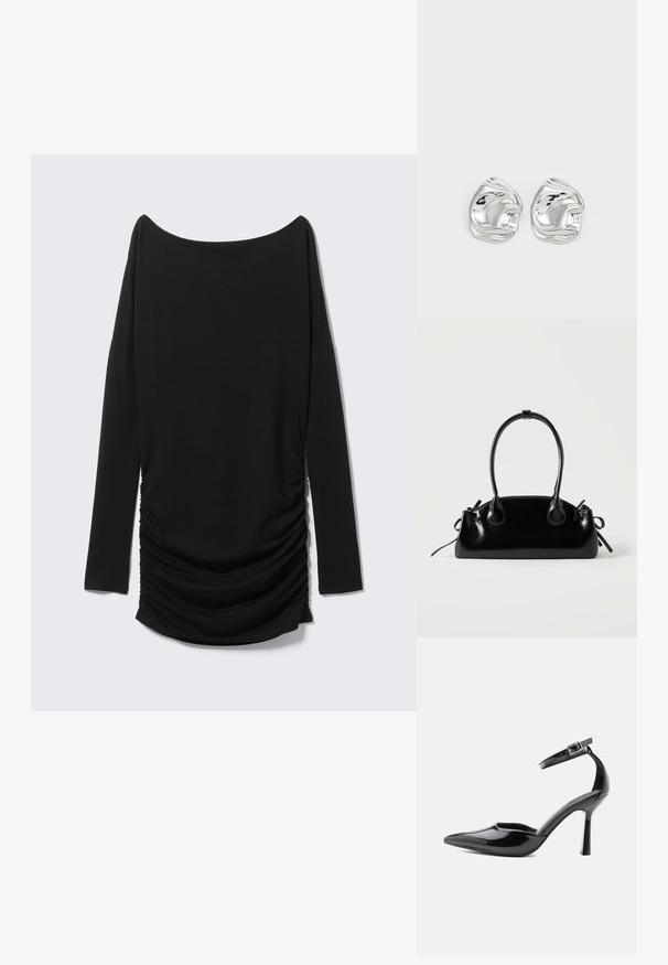 Zwart top met lange mouwen, een off-shoulder halslijn en een geplooid zijdetail. Gemaakt van zachte stof met een gestroomlijnde silhouet.; Zwarte lakleren pump met spitse neus, enkelriem en zilverkleurige gesp, stilettohak, zijaanzicht op effen achtergrond.; Kleine zwarte glanzende handtas met twee lange hengsels en zijkant trekkoord details op een effen lichte achtergrond.; Zilveren abstracte studs met een gepolijste afwerking, met gladde rondingen en subtiele contouren. Geen zichtbare patronen of accenten.