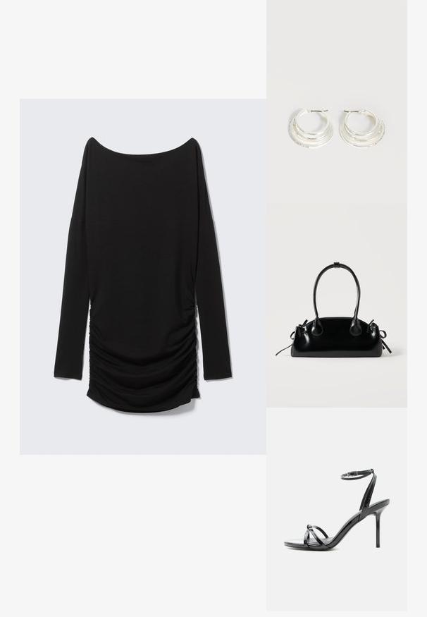 Sort langærmet top med off-shoulder udskæring og detaljer med rynket side. Fremstillet af blødt stof og har en strømlinet silhuet.; Sort laklæder høje hæle sandal med tynde remme, der krydser tæerne, og en ankel spænde rem på en hvid baggrund.; Lille sort blank håndtaske med to lange håndtag og snøre-detaljer i siden på en ensfarvet lys baggrund.; Sølv hoop øreringe med tre lagdelte halvcirkelformede bånd, hvoraf det ene er udsmykket med små klare krystaller på en lys baggrund.