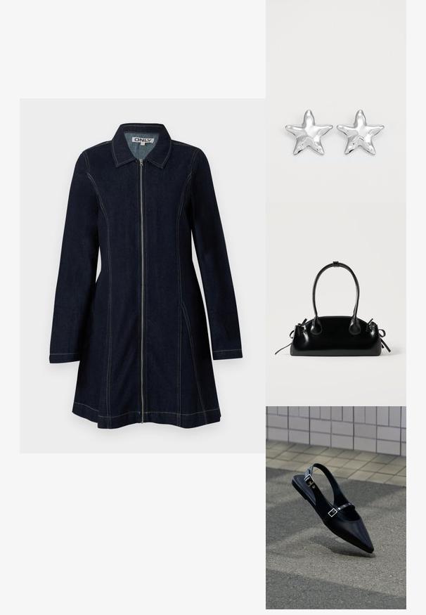 Chaqueta de denim en azul oscuro con cremallera frontal, cuello puntiagudo, mangas largas y pespuntes amarillos en costuras y bordes.; Zapato plano negro de punta puntiaguda con tiras de doble hebilla y talón descubierto, descansando sobre asfalto gris cerca de una pared con azulejos.; Pequeño bolso negro brillante con dos asas largas y detalles de cordón lateral sobre un fondo claro liso.; Pendientes en forma de estrella plateada con una superficie pulida y brillante. Cada pendiente presenta cinco puntas y sutiles detalles de textura en la superficie.