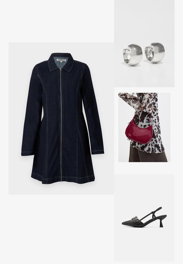 Chaqueta de denim en azul oscuro con cremallera frontal, cuello puntiagudo, mangas largas y pespuntes amarillos en costuras y bordes.; Simmi London DALA - Tacones - black; Mujer con blusa de estampado en blanco y negro sosteniendo un bolso de hombro rojo brillante sobre un fondo liso.; Uncommon Matters SCULPTURAL LARGE CREOLE - Pendientes - silver-coloured