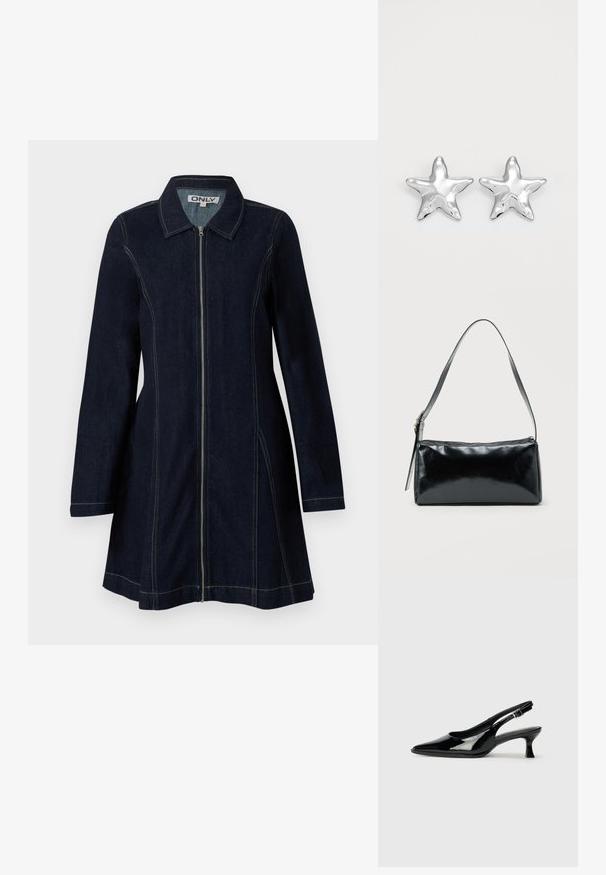 Chaqueta de denim en azul oscuro con cremallera frontal, cuello puntiagudo, mangas largas y pespuntes amarillos en costuras y bordes.; Zapatos de charol negro tipo slingback con punta afilada y tacón bajo. Correa ajustable con hebilla en el tobillo.; Bolso de hombro rectangular negro con una correa ajustable y un cierre de cremallera superior sobre un fondo liso.; Pendientes en forma de estrella plateada con una superficie pulida y brillante. Cada pendiente presenta cinco puntas y sutiles detalles de textura en la superficie.