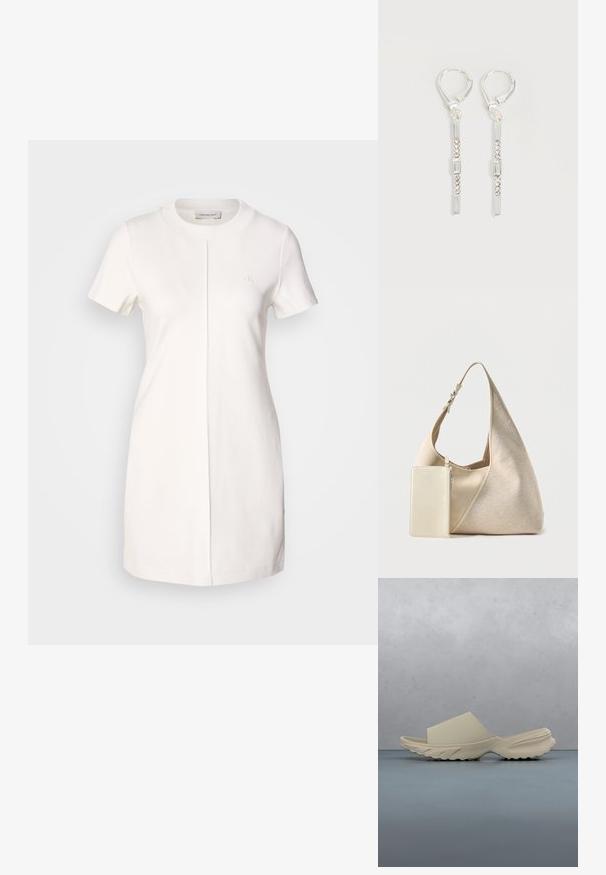 Calvin Klein Jeans MILANO T SHIRT DRESS - Jerseyjurk - tofu; Beige slippers met dikke zool en open teen die op houten tegels ligt met kleine steentjes tussen de voegen, op de achtergrond wazig groen en een muur.; Beige stoffen hobo tas met verstelbare riem en aangehechte kleine rechthoekige ritstas in bijpassende kleur.; Zilveren hangende oorbellen met rechthoekige en ronde heldere kristallen in een verticale lijn, bevestigd met leverback-sluitingen.