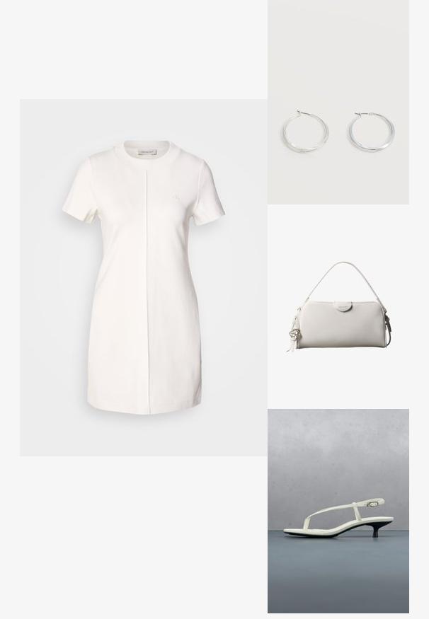 Calvin Klein Jeans MILANO T SHIRT DRESS - Jerseykleid - tofu; Weiße Riemchenpantolette mit kitten heel und spitz zulaufender Zehenpartie, schwebt über einem Holzkachelboden im Freien mit verschwommenem Pflanzen- und Wandhintergrund.; Weiße rechteckige Calvin Klein Handtasche mit einem einzelnen Henkel, minimalistischem Design und dekorativen Quasten mit geometrischem Metallanhänger an der Seite.; Silberne Metallcreolen mit glatter, leicht gebogener Oberfläche und Klappverschluss vor schlicht weißem Hintergrund.