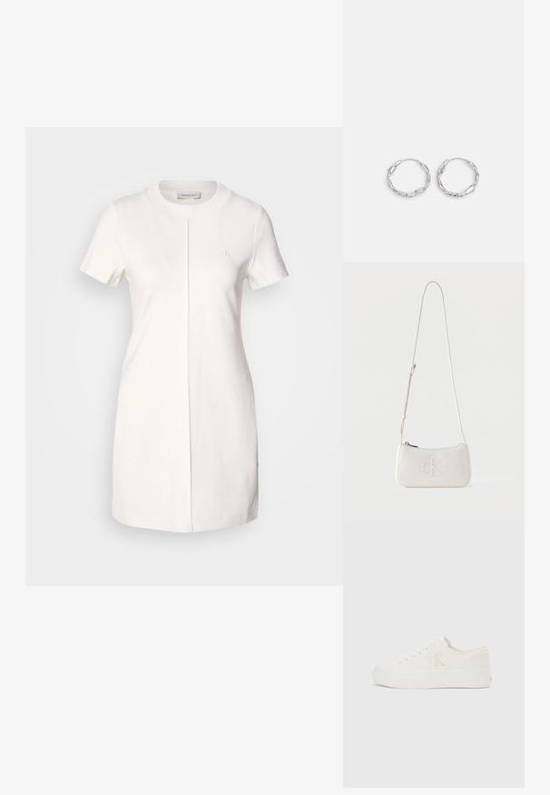 Calvin Klein Jeans MILANO T SHIRT DRESS - Trikotaažkleit - tofu; Valge madala lõikega toss, millel on paks tald ja külgmisel küljel "cK" logo, paelaeest kinnituv esiosa ning minimalistlik disain neutraalsel taustal.; Kreemivärvi nahast õlakott reguleeritava rihma ja esiküljel reljeefse "cK" logoga, tõmblukuga sulgusega.; Hõbedased rõngaskõrvarõngad, millel on lainejoonega ebaühtlane tekstuur. Omavad õhukest, ümmargust kuju ja peegeldavat pinda.