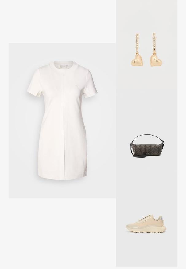Calvin Klein Jeans MILANO T SHIRT DRESS - Trikotaažkleit - tofu; Beežid tossud, millel on siledad lakknahast esiosad ja pealmine osa, tekstureeritud keskmine tallaosa ja kummist tallatükk. Omavad brändi silti.; Ruutjas pruun Calvin Kleini käekott musta diagonaalse ringimustriga, musta reguleeritava õlapaelaga ja pealt tõmblukuga.; Kullast kõrvarõngad südamekujuliste ripatsitega, mille rõngal on väikesed teemandilaadsed kivikesed. Peegeldav, sile pind.