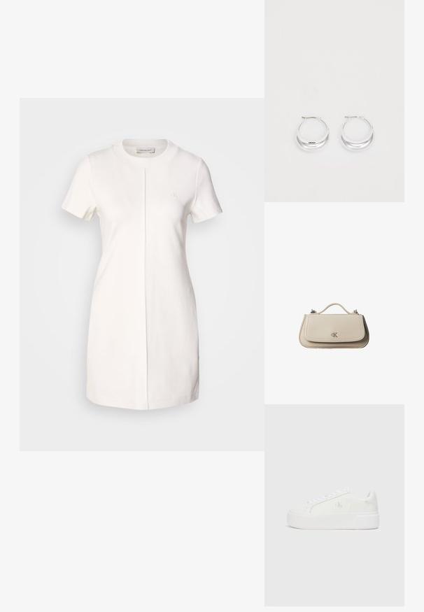 Calvin Klein Jeans MILANO T SHIRT DRESS - Vestido ligero - tofu; Zapatillas de plataforma blancas con parte superior de cuero suave, punta redondeada, cordones blancos y un sutil detalle de logotipo en el lateral. Suela de goma plana.; Pequeño bolso de mano de cuero beige con asa superior y logo plateado de CK en la solapa frontal, mostrado sobre un fondo blanco.; Pendientes de aro de plata con un acabado pulido y la marca DKNY, exhibidos sobre un fondo blanco liso.