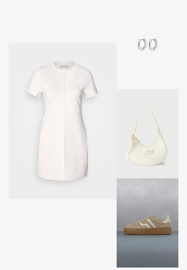 Calvin Klein Jeans MILANO T SHIRT DRESS - Džersejové šaty - tofu; Béžová semišová teniska s bielymi koženými akcentmi, šnurovacím dizajnom a textúrovanou gumovou podrážkou. Zobrazená nad dreveným povrchom.; Biely polmesiacový ramenný vak so zlatým hardvérom, zapínaním na zips a logom "LACOSTE" na prednej strane.; Strieborné kruhové náušnice s lešteným povrchom, s obvodovým dizajnom a bezšvíkovými pántmi, ktoré majú hladkú textúru.