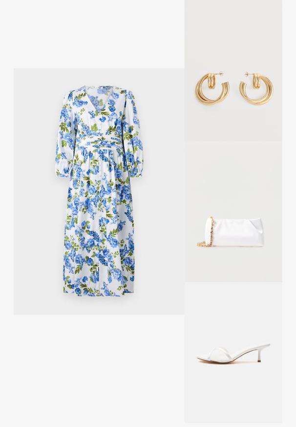 Robe maxi florale avec un fond blanc ornée de motifs de fleurs bleues et vertes, décolleté en V, manches bouffantes longues et taille cintrée.; Mule blanche à bout ouvert avec une fine bride transparente sur le devant et un petit talon kitten sur une surface unie.; Pochette souple blanche avec bandoulière chaîne dorée ornée de pierres précieuses transparentes, sur fond gris clair uni.; Paire de boucles d'oreilles créoles doubles en or brillant avec attaches à tige sur fond blanc.