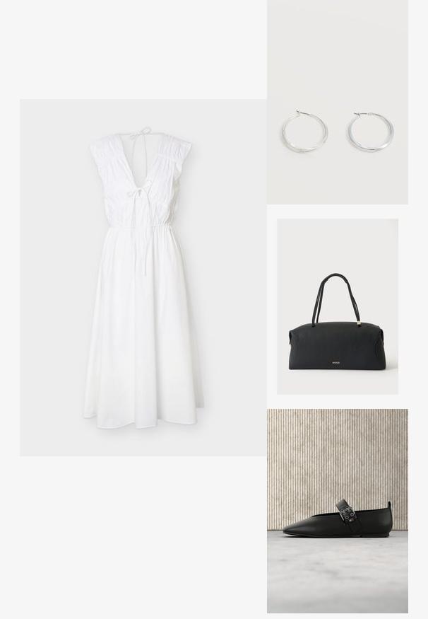 Robe midi blanche sans manches avec décolleté en V profond, épaules froncées, liens au cou et à la taille, et jupe fluide en forme trapèze.; Chaussure plate en cuir noir avec un bout pointu et une bride latérale, ornée de ferrures argentées. Texture lisse sur un fond de tapis neutre.; Sac à main rectangulaire noir avec anses doubles tressées et logo doré "HUGO" au centre avant sur fond blanc.; Boucles d’oreilles créoles en métal argenté avec une surface lisse légèrement incurvée et des fermoirs à clapet sur un fond blanc uni.