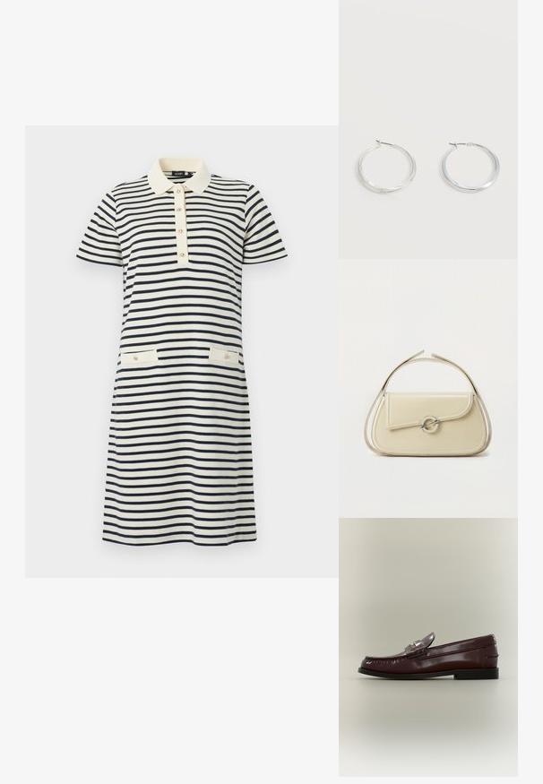 Robe à manches courtes, longueur genou, avec des rayures horizontales bleu marine sur fond blanc, un col blanc, un plastron à boutons et deux poches avant boutonnées.; Mocassin en cuir marron foncé avec une semelle noire basse et une bride décorative sur le dessus, présenté de profil sur un fond uni.; Sac à main en cuir crème avec rabat incurvé, fermoir circulaire en argent et poignée courte sur le dessus, sur fond blanc uni.; Boucles d’oreilles créoles en métal argenté avec une surface lisse légèrement incurvée et des fermoirs à clapet sur un fond blanc uni.