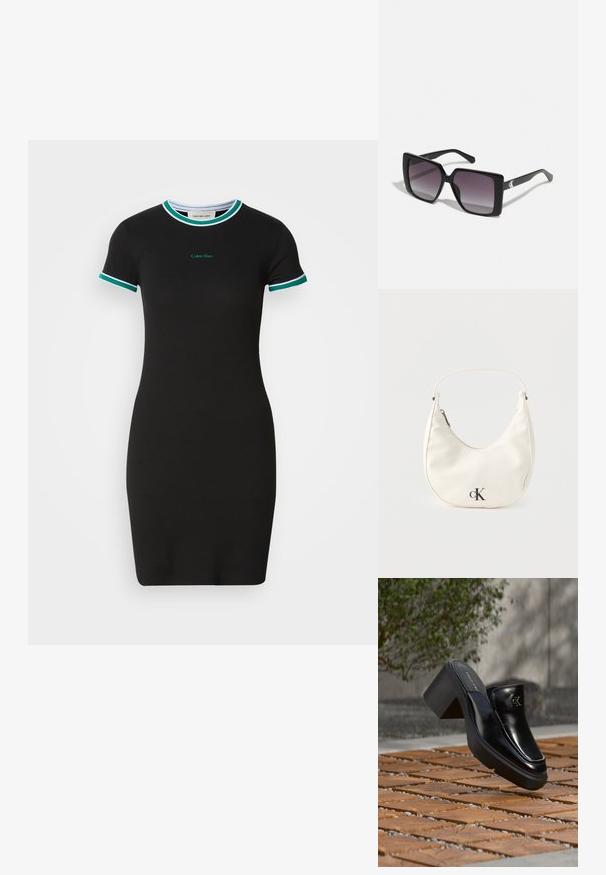 Zwart kortoog kledingstuk met een getailleerde vorm, met groene en witte ribbelranden op de kraag en mouwen, en een Calvin Klein-logo.; Zwarte leren Calvin Klein slip-on mule met blokhak rustend op houten tegels buiten, vlak bij een groene plant en een grijze muur.; Zwarte vierkante zonnebrillen met gradiënt grijze lenzen. Glanzende monturen met strakke lijnen. Zilveren logo-accent op de veren.; Kleine witte handtas in de vorm van een halve maan met een kort hengsel, ritssluiting en zwart "cK" logo aan de voorkant.