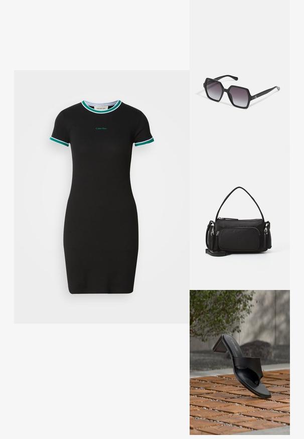 Robe noire à manches courtes avec une coupe ajustée, présentant des bords côtelés verts et blancs au col et aux manches, ainsi qu'un logo Calvin Klein.; Sandale à talon noire Calvin Klein avec boucle pour l’orteil, posée sur un sol en carreaux de bois en extérieur, près d’un arbre et d’un mur en pierre.; Lunettes de soleil hexagonales noires avec des verres dégradés, dotées d'une finition brillante et d'un marquage subtil sur la branche. Construction en plastique durable.; Sac à main en nylon noir avec une poignée supérieure et une bandoulière réglable, doté de compartiments zippés et d'un logo en relief à l'avant.