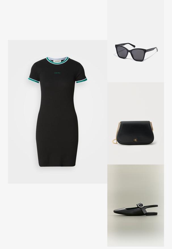 Zwart kortoog kledingstuk met een getailleerde vorm, met groene en witte ribbelranden op de kraag en mouwen, en een Calvin Klein-logo.; Zwarte puntschoen met lage hak en zilveren gesp, slingback model op een neutrale achtergrond.; Zwarte rechthoekige zonnebril met donkere lenzen en glanzende montuur. Voorzien van zilveren branding aan de zijkant. Vierkante vorm met stevige pootjes.; Zwarte leren schoudertas met gouden kettingriem en klein goudkleurig "CK"-logo aan de voorkant in het midden.