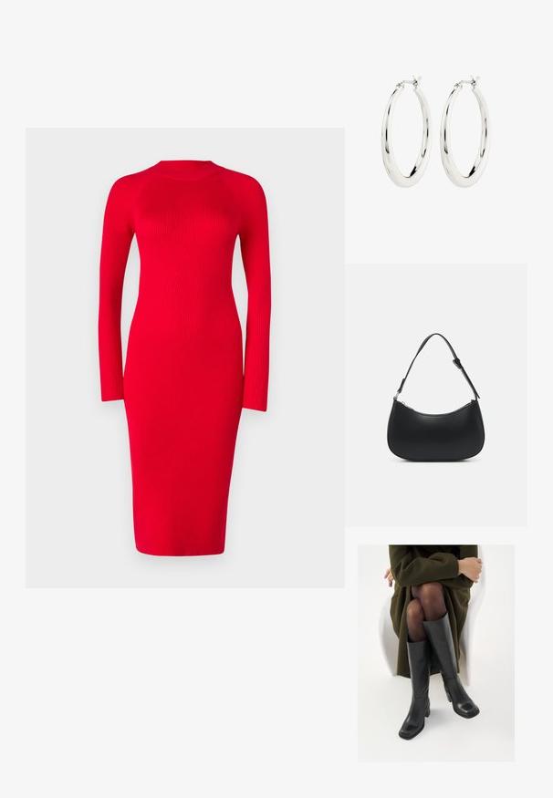 Robe rouge à manches longues côtelées avec un col montant, silhouette ajustée et longueur midi ; présente une texture et un léger stretch.; Bottes en cuir noires arrivant au genou, avec un bout carré et un talon carré, présentées sur un modèle assis dans un manteau vert olive. Texture lisse, détails minimaux.; Pieces PCALUANA SHOULDER BAG - Sac à main - black; Boucles d'oreilles créoles en argent avec une finition lisse et brillante. Forme circulaire, dotée d'un fermoir sécurisé. Design simple et élégant.