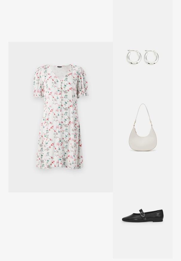 Blumenbekleidungs Kleid mit kurzen Ärmeln aus leichtem Stoff, mit einem V-Ausschnitt, Knopfdetail und einem Muster aus rosa und blauen Blumen auf weißem Grund.; Schwarzer Lederflatschuh mit runder Zehenform, einem verstellbaren Schnallenriemen und einer glatten, glänzenden Oberfläche. Minimalistisches Design mit einem niedrigen Absatz.; Cremfarbene Leder-Schultertasche mit einer Halbmondform, dünnem Schulterriemen und subtilen Stichdetails. Minimalistisches Design mit goldfarbenen Hardware-Akzenten.; Silberne Creolen mit glänzender Oberfläche, die eine kreisrunde Form haben und mit einem schwenkbaren Verschluss ausgestattet sind. Glatte Textur mit minimalen Details.