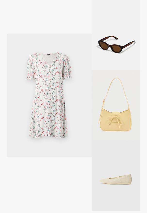 Blumenbekleidungs Kleid mit kurzen Ärmeln aus leichtem Stoff, mit einem V-Ausschnitt, Knopfdetail und einem Muster aus rosa und blauen Blumen auf weißem Grund.; Beige Ballerinas aus glattem Leder mit mandelförmiger Zehenpartie und elastischem Riemen über dem Fußrücken, ausgestattet mit dezenten Nähtelementen.; Braune Schildpatt-Sonnenbrille mit einer Vintage-Cat-Eye-Form und braunen Gläsern. Verfügt über gebogene Bügel mit roten Akzenten.; Kleine beige Schultertasche mit verstellbarem Riemen und Frontklappe, die mit einer dünnen Schnur zusammengebunden ist, die in Metallenden auf weißem Hintergrund endet.