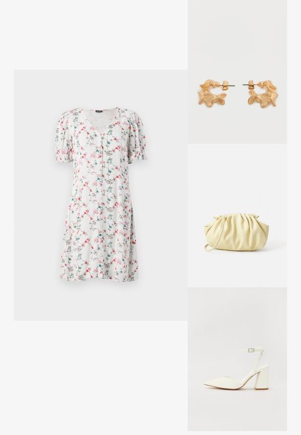 Blumenbekleidungs Kleid mit kurzen Ärmeln aus leichtem Stoff, mit einem V-Ausschnitt, Knopfdetail und einem Muster aus rosa und blauen Blumen auf weißem Grund.; Weißer sandal mit Absatz und spitzem Zehenbereich, verstellbarem Knöchelriemen und chunky quadratischem Absatz. Glatte Textur mit minimalen Nähdetails.; Gelbe, gefaltete Handtasche aus glattem Kunstleder mit weicher Form, einzigem Schulterriemen und gerafftem Oberteil.; Ohrstecker in Goldoptik mit abstrakter, organischer Form, die eine strukturierte Oberfläche und einen Steckverschluss aufweisen.