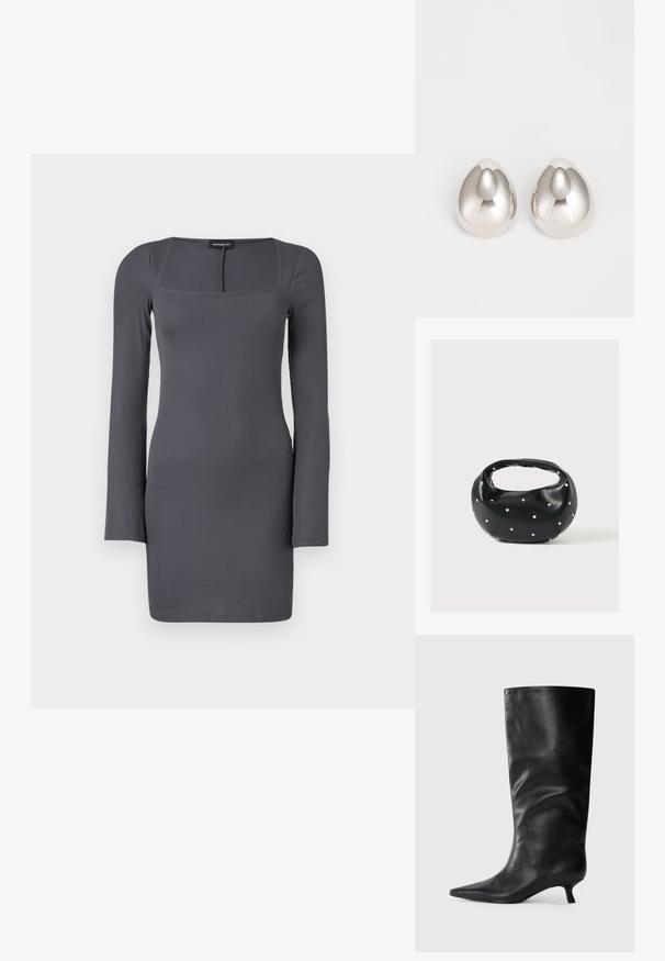 Robe longue à manches longues grise côtelée avec un décolleté carré, une silhouette ajustée et une texture douce. Présente des coutures minimales et une fermeture au dos.; Bottes en cuir noires jusqu'aux genoux avec un bout pointu et un petit talon, présentées sur un fond clair.; Sac à main en cuir noir de forme arrondie, décoré de clous argentés et équipé d'une poignée courte. Texture lisse et fermeture éclair.; Boucles d'oreilles en métal argenté avec un design lisse et arrondi ressemblant à la forme d'une goutte d'eau, présentant une surface réfléchissante et une finition sans couture.