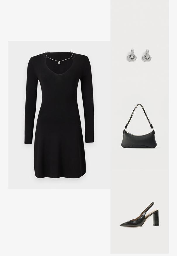 Langærmet sort kjole lavet af ribbet stof, med en dyb V-udskæring og en let flæse i kanten. Inkluderer detalje med en sølvhalskæde.; Sort læder peep-toe slingback sko med høj blokhæl og beige indvendig foring mod en ensfarvet lys baggrund.; Sort skuldertaske i læder med en buet rektangulær form, gyldent kæde vævet ind i en flettet sort rem og toplynlås.; Par små, skinnende sølv hoops med rund base, vist på en ensfarvet lys baggrund.