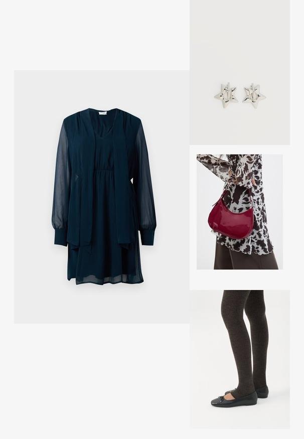 Robe longue bleu marine à manches longues avec des manches transparentes, décolleté en V, taille cintrée et détail de foulard long attaché à l'avant.; Jambes portant des leggings côtelés foncés associés à des ballerines noires avec de petits détails en nœud sur fond blanc.; Femme portant un chemisier à motif noir et blanc tenant un sac à main rouge brillant sur un fond uni.; Boucles d’oreilles créoles en forme d’étoile argentée avec une finition lisse et polie sur un fond blanc uni.