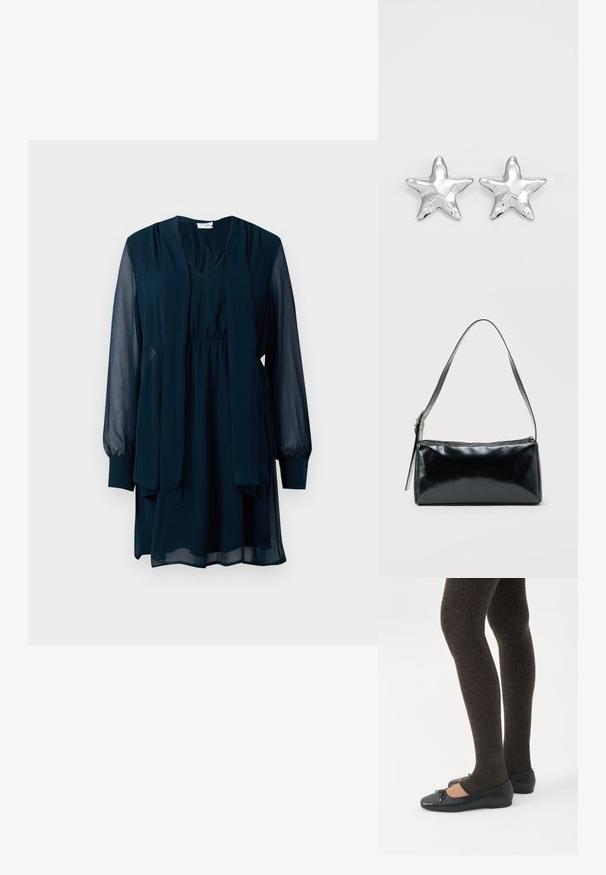 Vestido azul marino de manga larga con mangas transparentes, escote en V, cintura ceñida y detalle de bufanda larga adjunta en la parte delantera.; Piernas con leggings oscuros acanalados combinados con bailarinas negras que presentan pequeños detalles de lazo sobre un fondo blanco.; Bolso de hombro rectangular negro con una correa ajustable y un cierre de cremallera superior sobre un fondo liso.; Pendientes en forma de estrella plateada con una superficie pulida y brillante. Cada pendiente presenta cinco puntas y sutiles detalles de textura en la superficie.