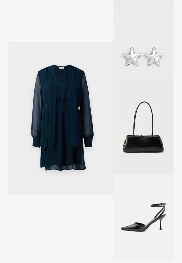 Vestido azul marino de manga larga con mangas transparentes, escote en V, cintura ceñida y detalle de bufanda larga adjunta en la parte delantera.; Zapato de tacón alto negro de punta fina con delgadas correas en el tobillo y cierre de hebilla plateada sobre un fondo liso claro.; Bolso de hombro rectangular negro con correas largas y delgadas y una textura lisa y brillante sobre un fondo liso.; Pendientes en forma de estrella plateada con una superficie pulida y brillante. Cada pendiente presenta cinco puntas y sutiles detalles de textura en la superficie.