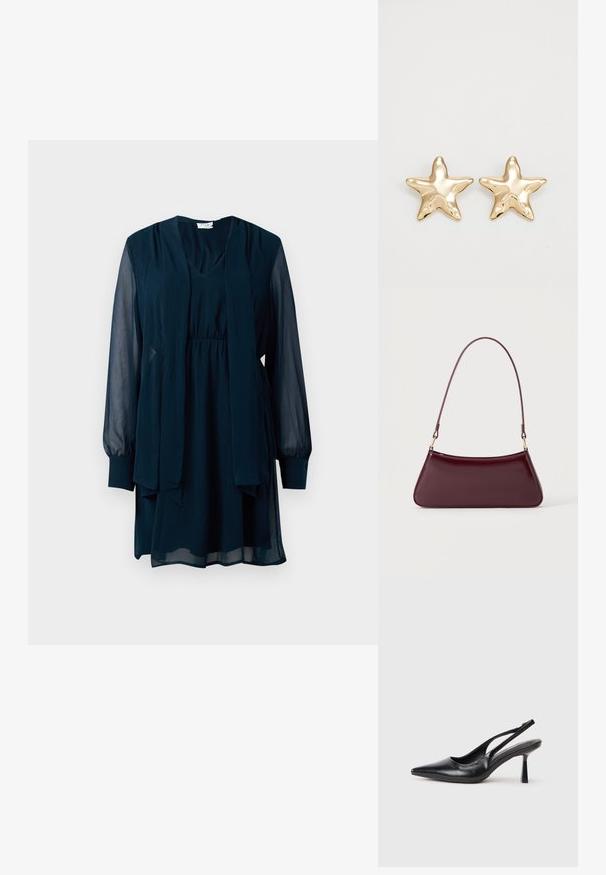 Navyblaue Langarmkleid mit durchsichtigen Ärmeln, V-Ausschnitt, taillierter Taille und angenähtem langen Schal-Detail vorne.; Schwarzer Leder Slingback High Heel Schuh mit spitzer Zehenpartie und schmalem Absatz auf einem weißen Hintergrund.; Dunkelburgunderfarbene, glänzende Handtasche mit einem einzigen dünnen Griff und einer schlanken, trapezförmigen Form auf einem schlichten hellen Hintergrund.; Goldene, sternförmige Ohrringe mit einer glatten, glänzenden Oberfläche und einem dreidimensionalen Design, das fünf Spitzen und eine leicht gewellte Struktur aufweist.